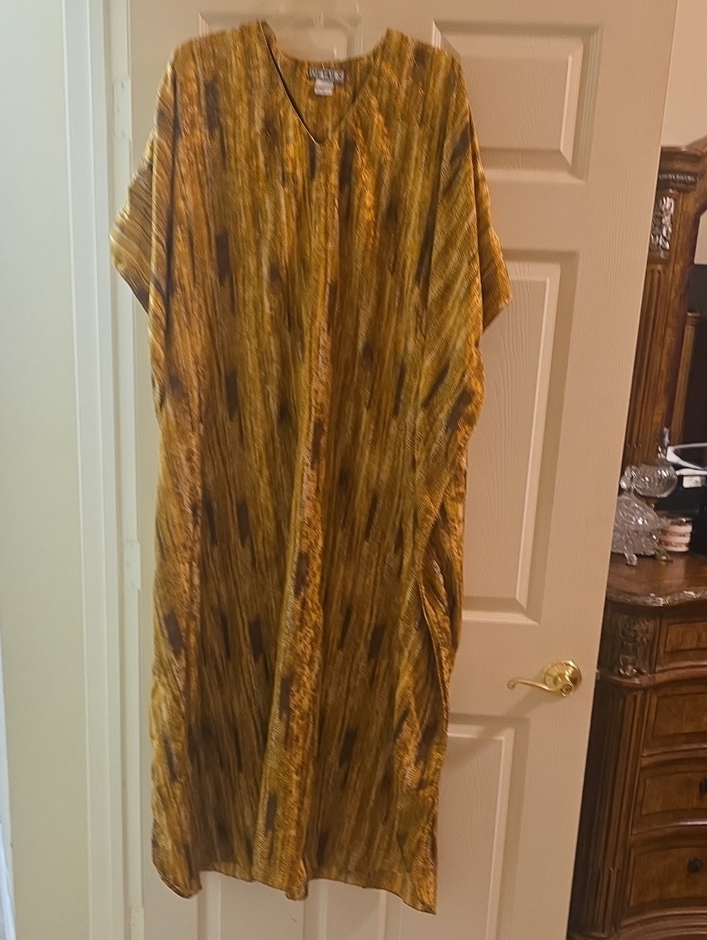 Mustard Brown Patterned V-Neck Pull Over Lounge Caftan Dress [No Pockets]